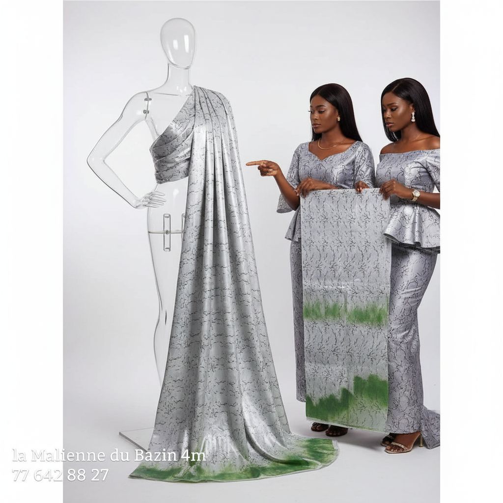 Bazin thioup 4 mètres vert gris, tissu africain élégant pour femme