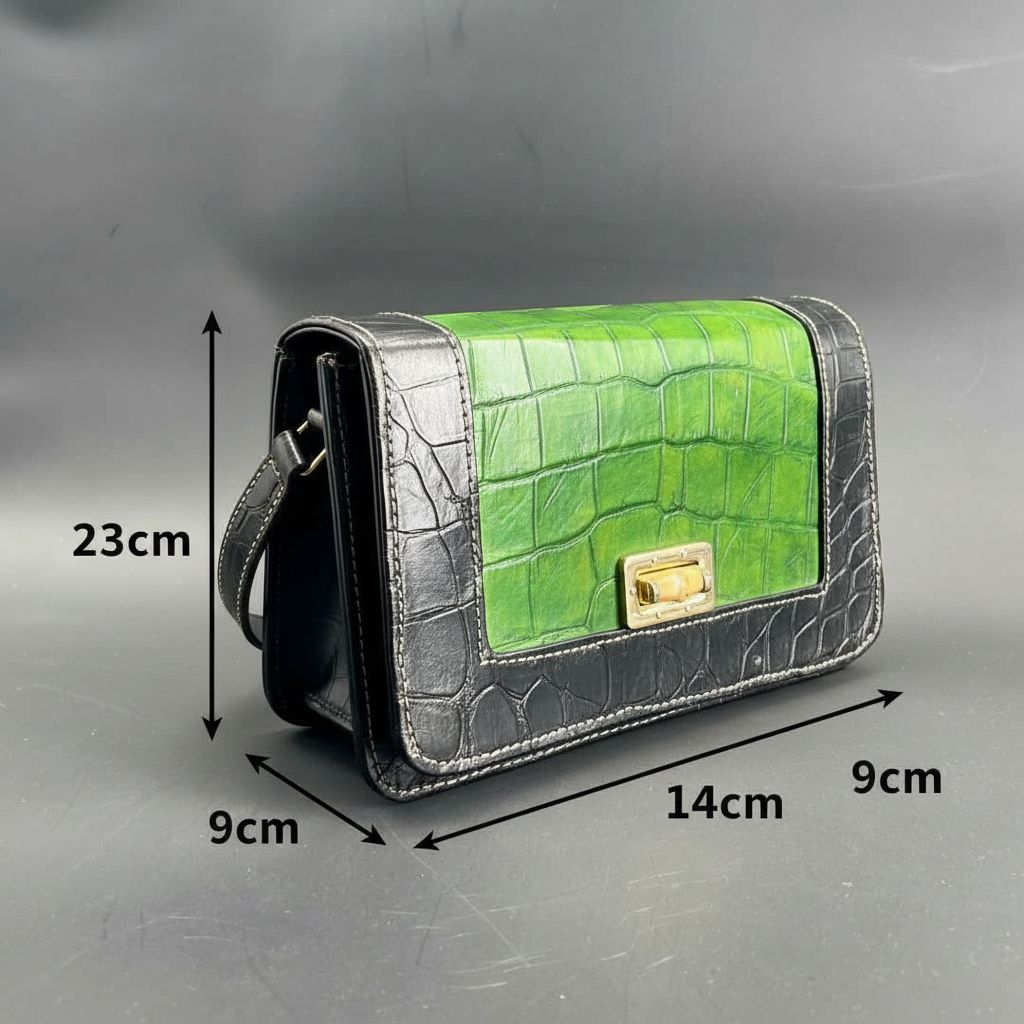 Sac à main cuir femme vert et noir, élégant croco, bandoulière chic