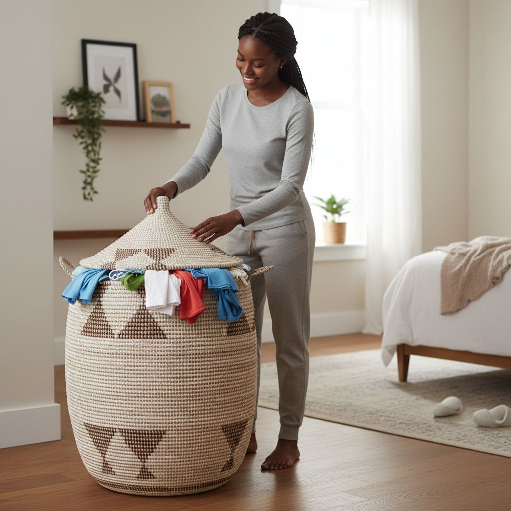 Panier à linge grande capacité africain tressé beige, robuste et décoratif