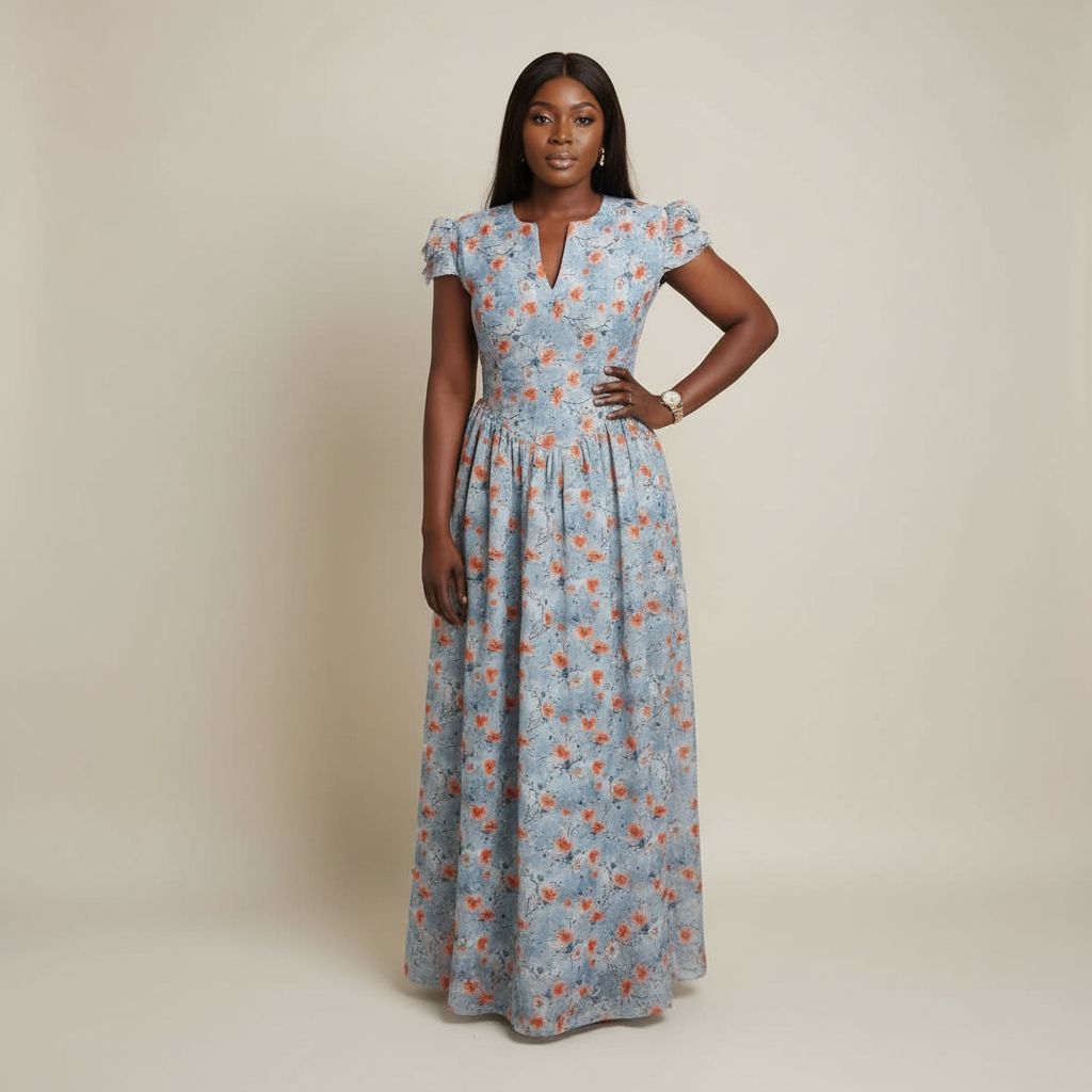 Robe voile brodée gris orange longue, élégante et fleurie femme été