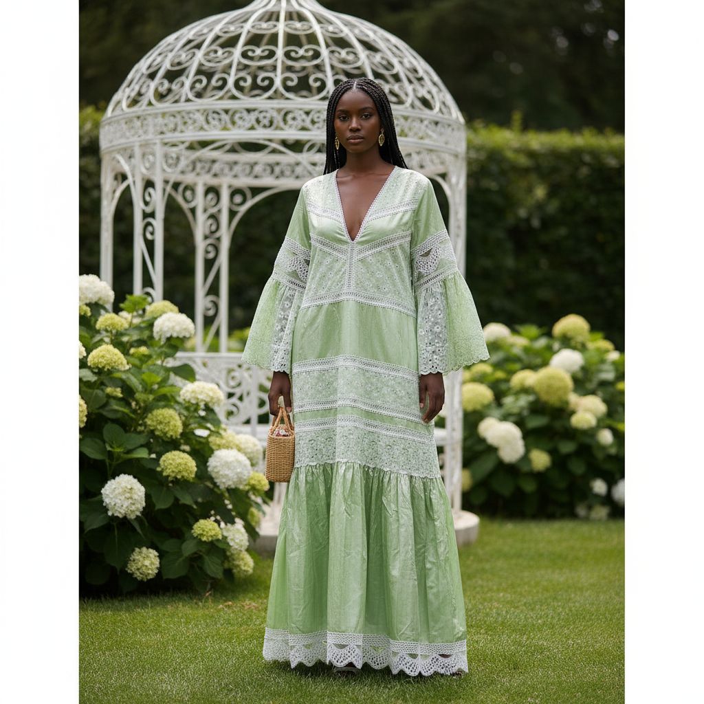 Robe verte brodée femme élégante, style bohème chic, garnitures blanches