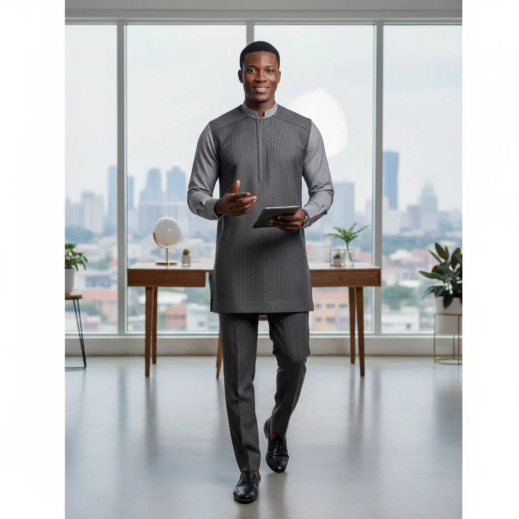 Ensemble homme gris rayé élégant, costume tunique pantalon col mao moderne