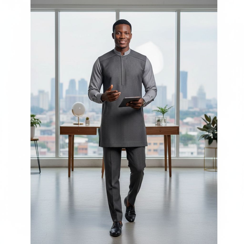 Elegant Striped Gray Men's Set, Modern Mandarin Collar Tunic Pants Suit