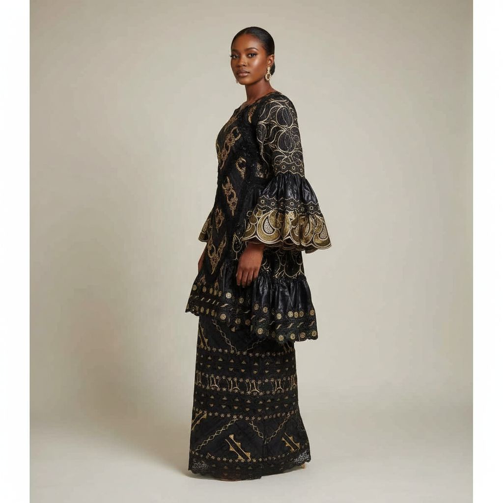 Ensemble bazin femme brodé noir doré et pagne – tenue africaine élégante