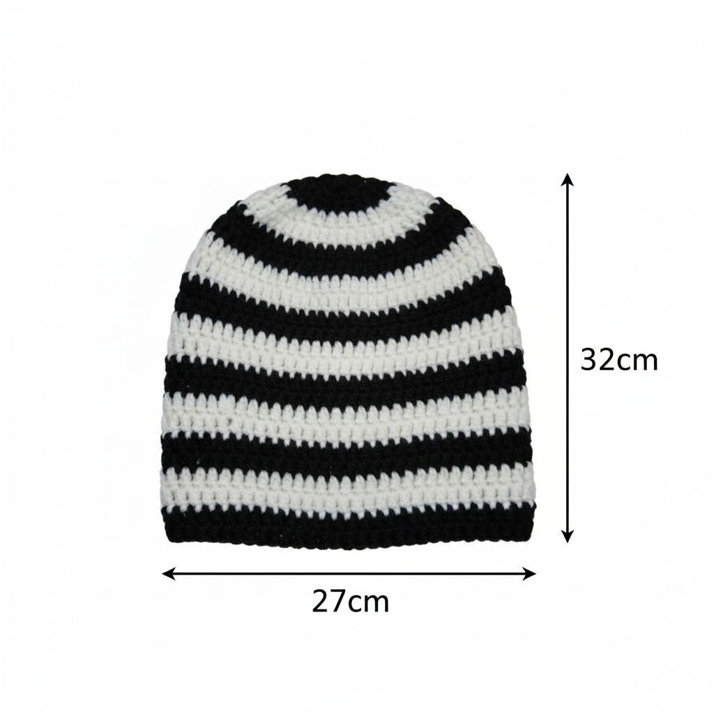 Bonnet rayé noir et blanc slouchy fait main crochet – Chaud et stylé