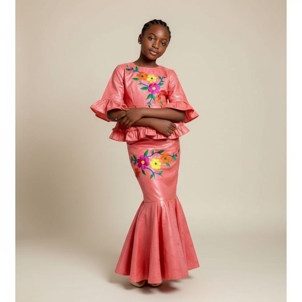 Ensemble cérémonie fille 9 ans orange foncé, jupe et haut floral chic