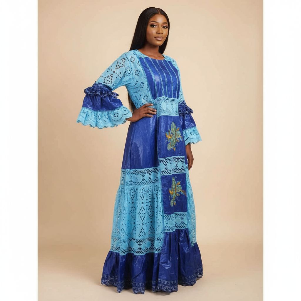 Robe bazin bleu brodée élégante robe africaine de cérémonie femme