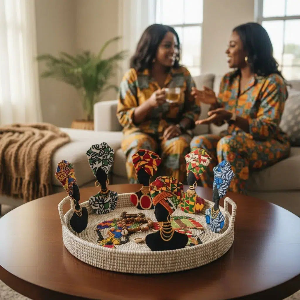 Plateau décoration africain avec figurines en wax – Art mural fait main