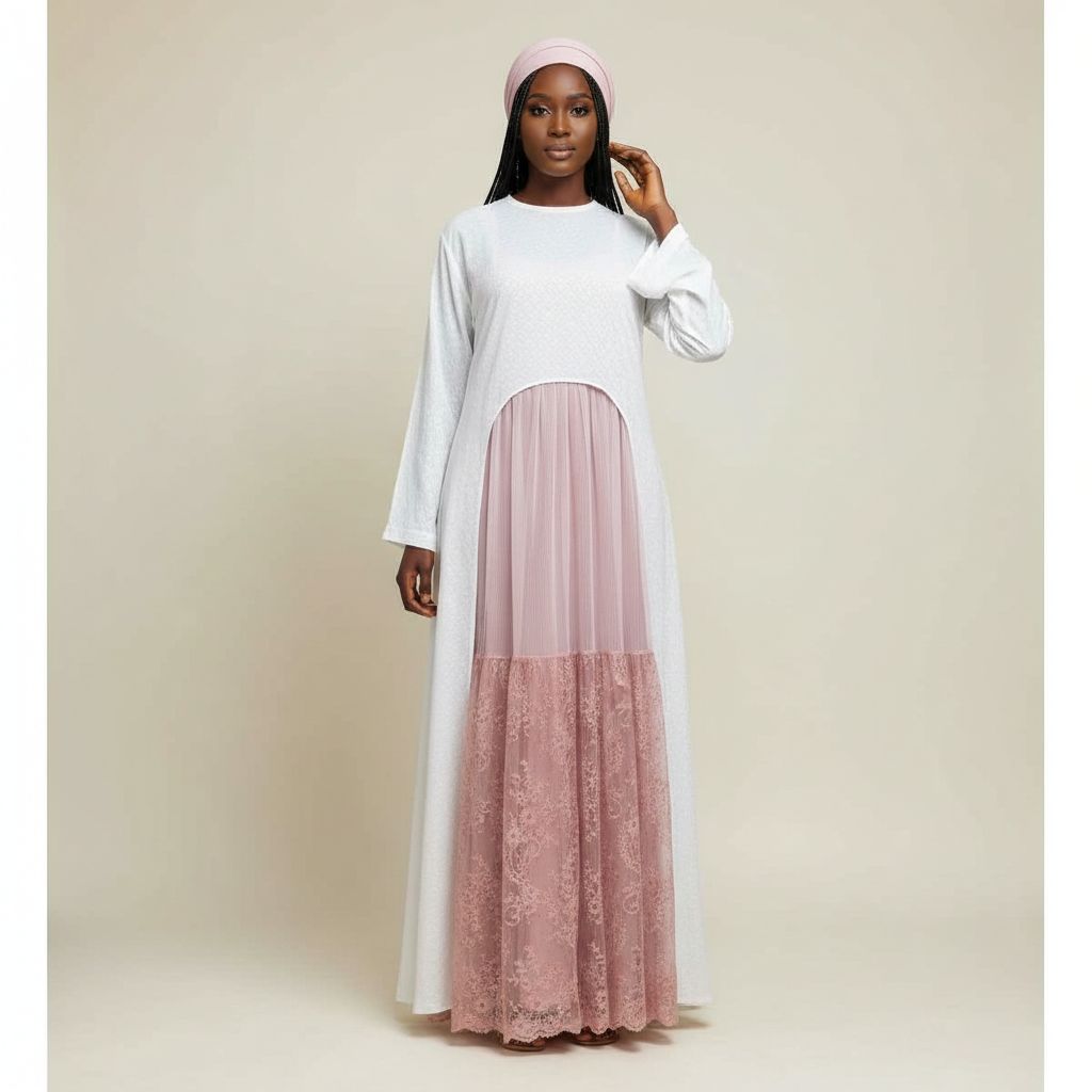 Robe longue élégante femme coton et dentelle blanche rose, chic cérémonie