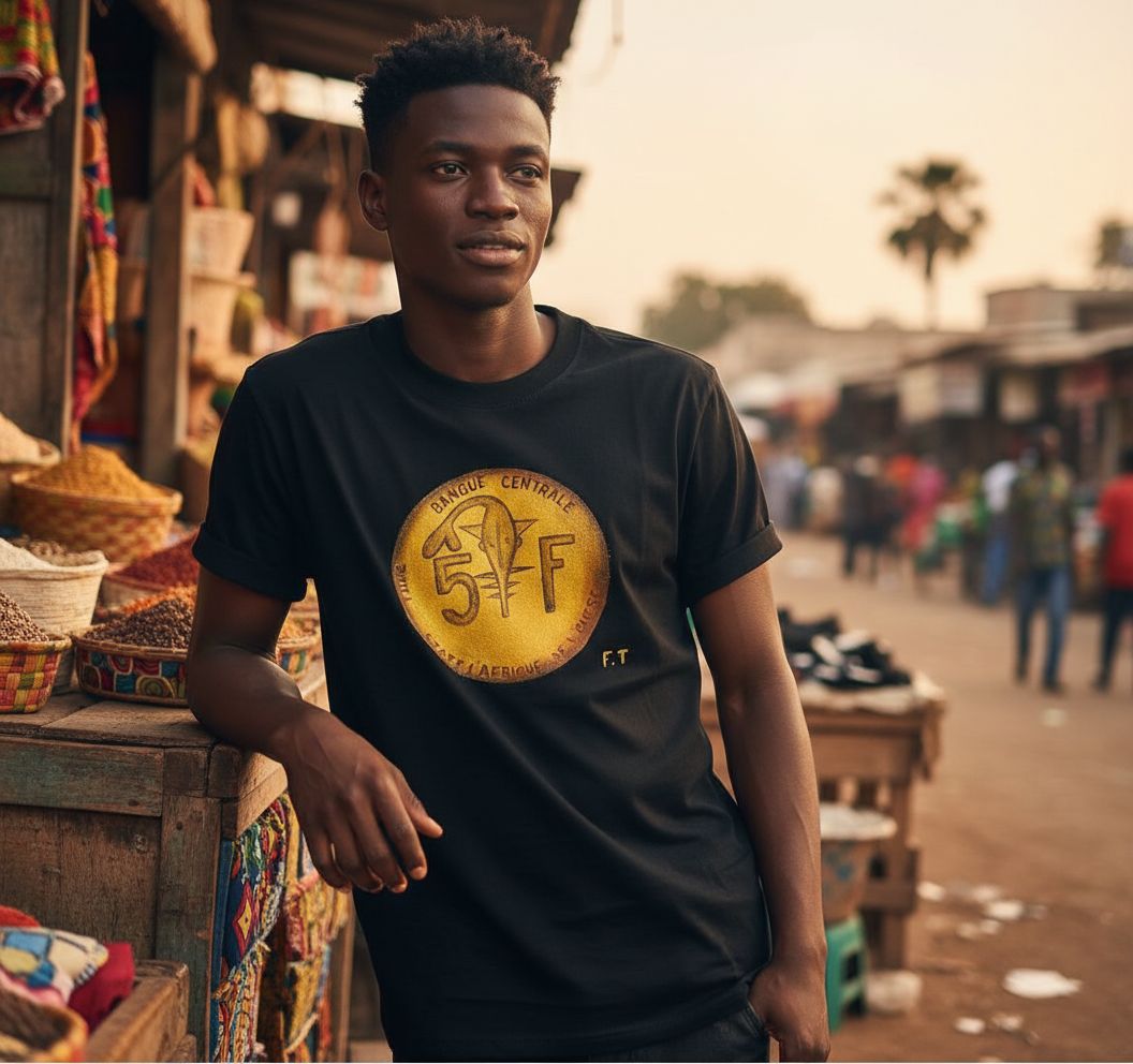 T-shirt peint à la main noir design africain pièce de monnaie