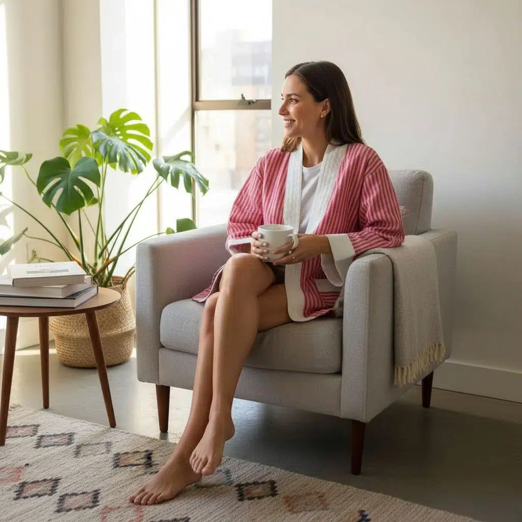 Kimono femme tissé main rose rouge – Veste kimono moderne chic, fait main unique