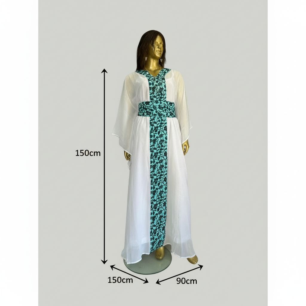Tunique en crêpe femme blanche à motif wax turquoise, élégante et fluide