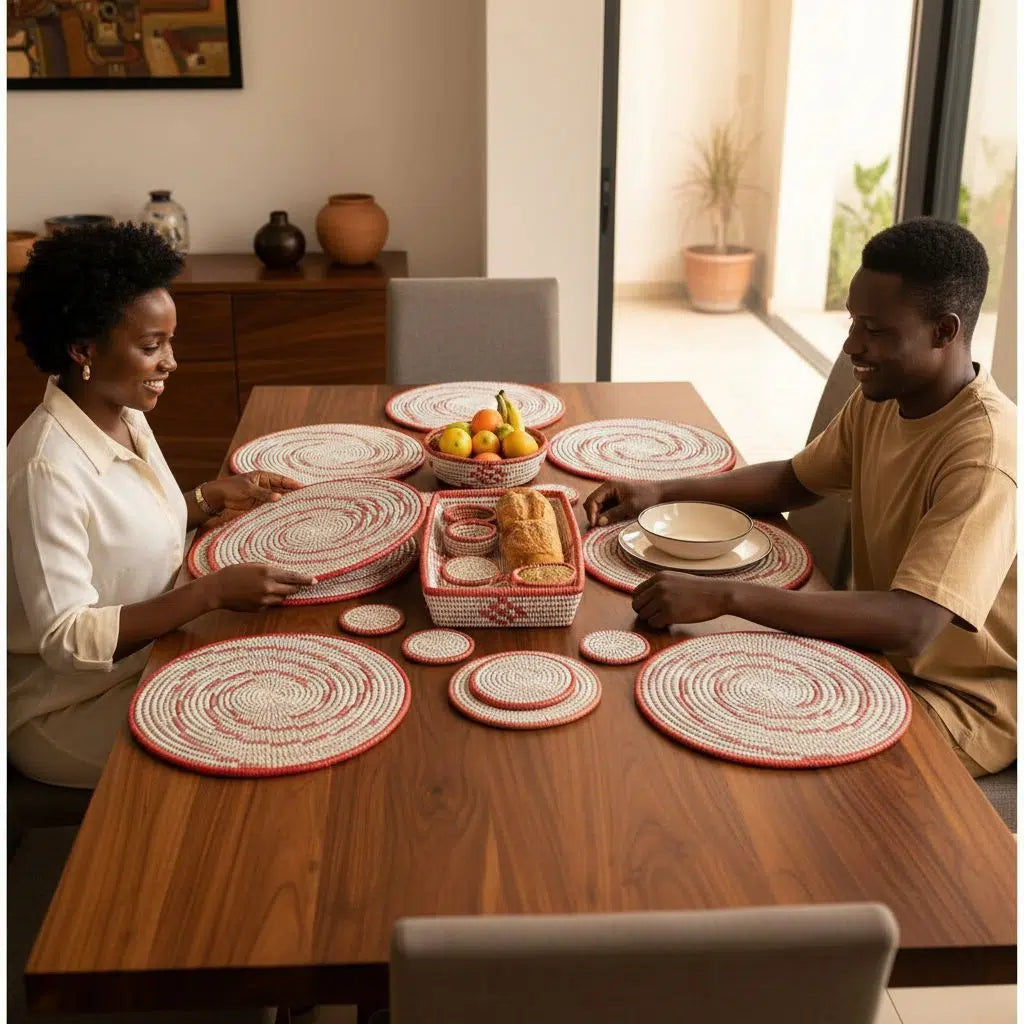 Ensemble table à manger artisanal : set bohème chic en fibres naturelles