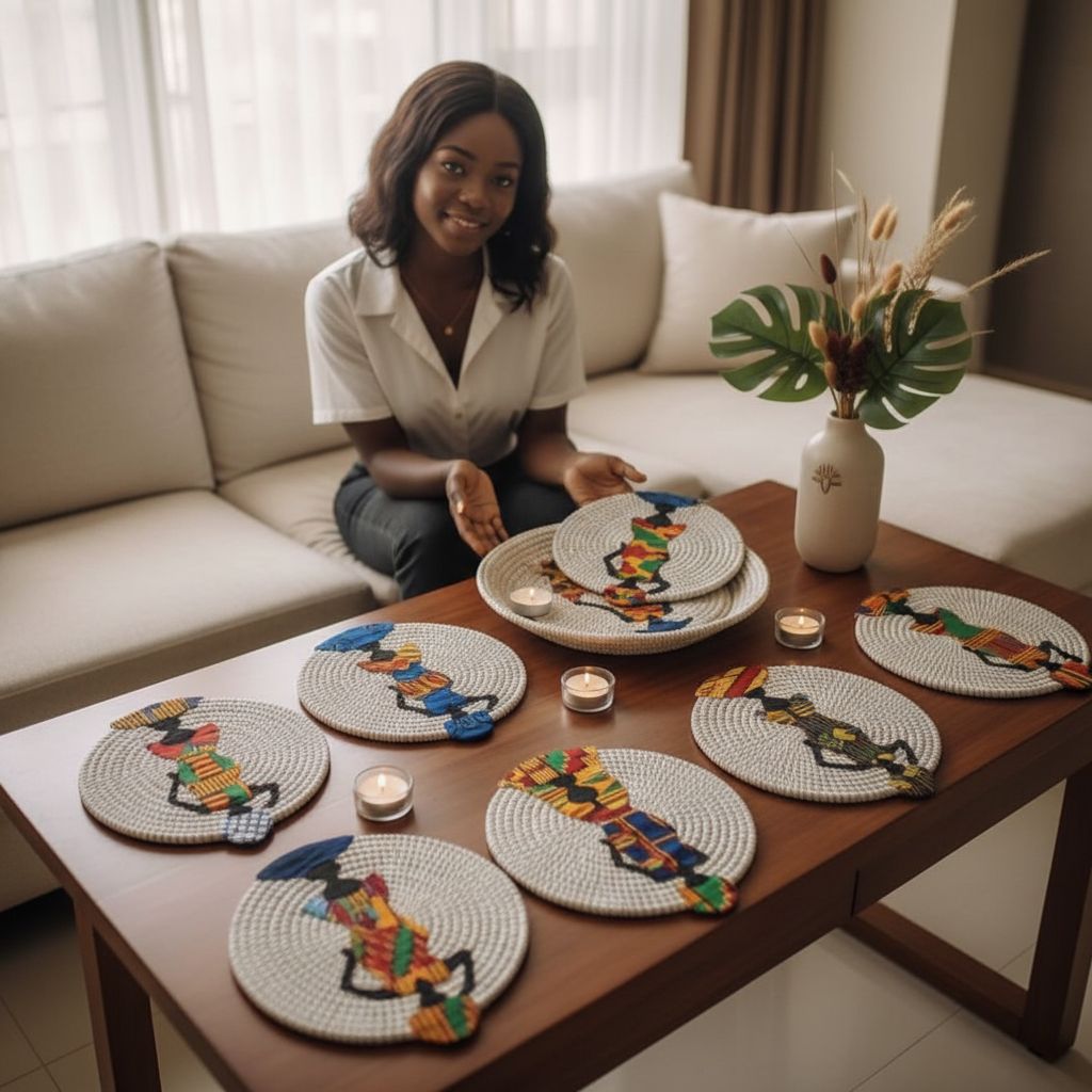 Plateau décoration africain avec figurines en wax – Art mural fait main