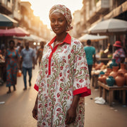 Tunique femme élégante coton motif floral rouge et blanc cassé XL XXL