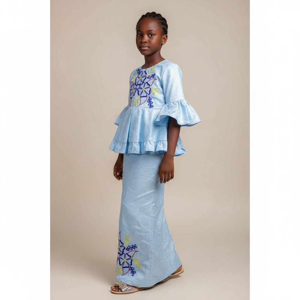 Ensemble cérémonie fille bleu bakha, jupe et haut floral élégant 8 ans