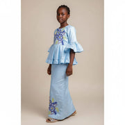 Ensemble cérémonie fille bleu bakha, jupe et haut floral élégant 8 ans