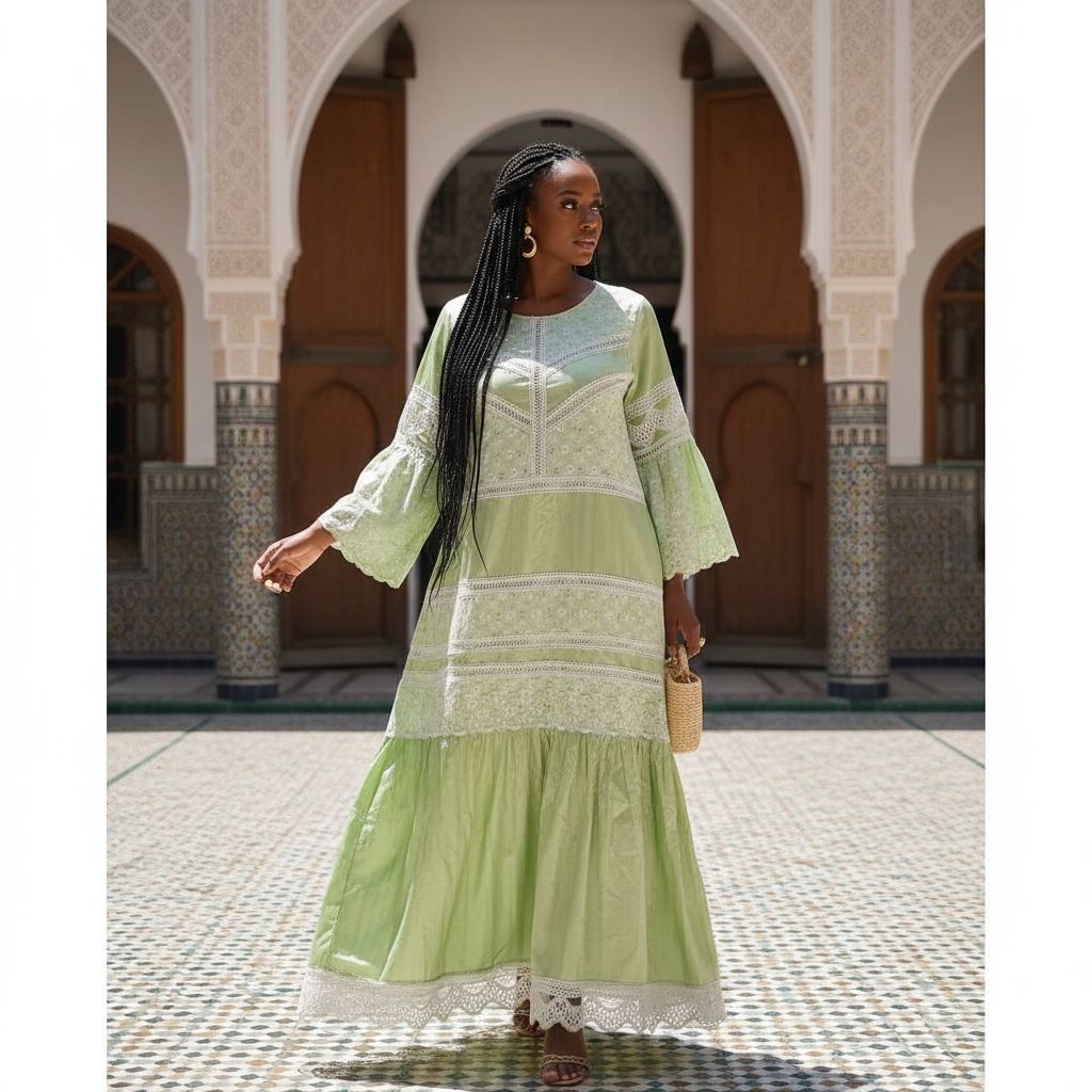 Robe verte brodée femme élégante, style bohème chic, garnitures blanches