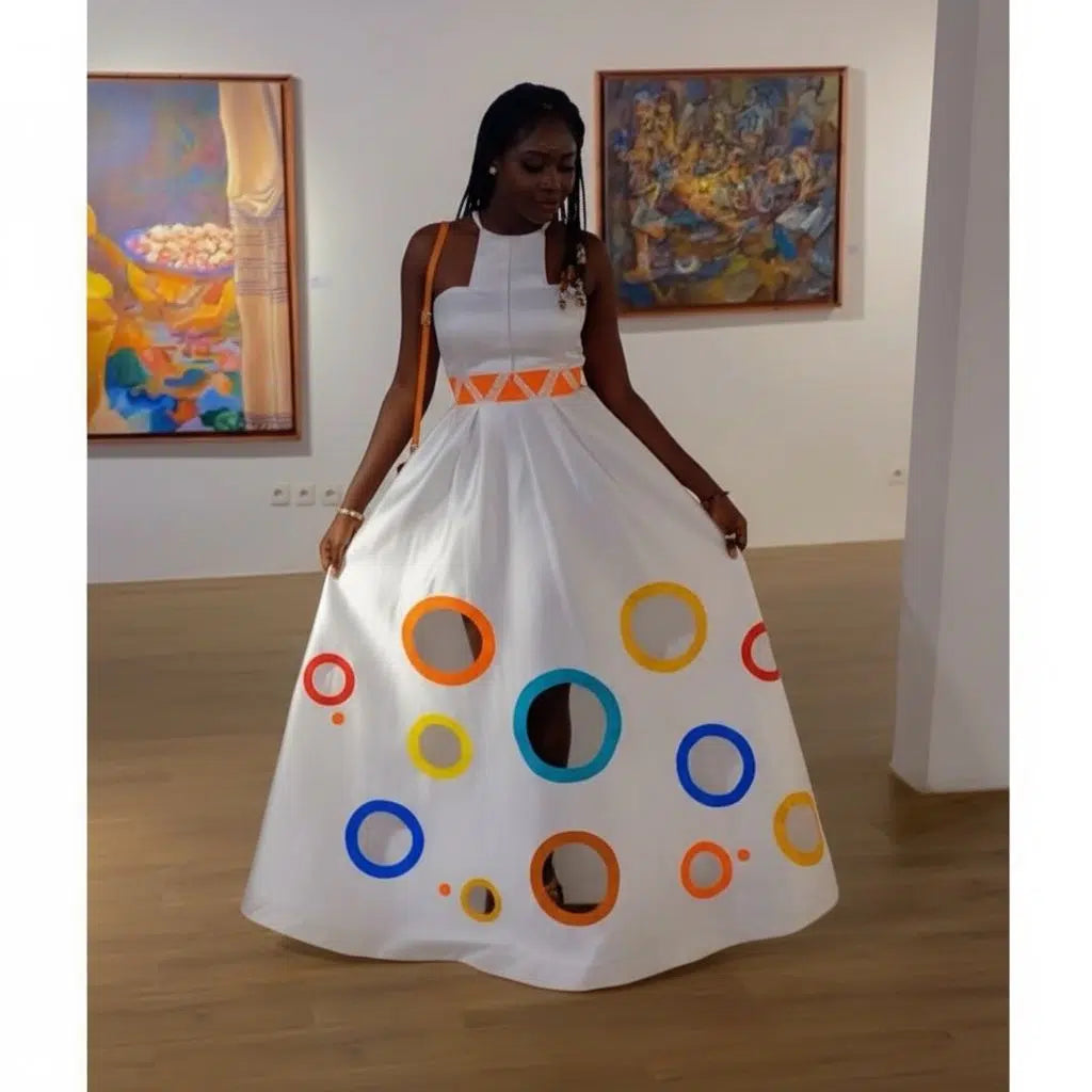 Robe blanche femme élégante longue chantoum peinte à la main, bohème chic