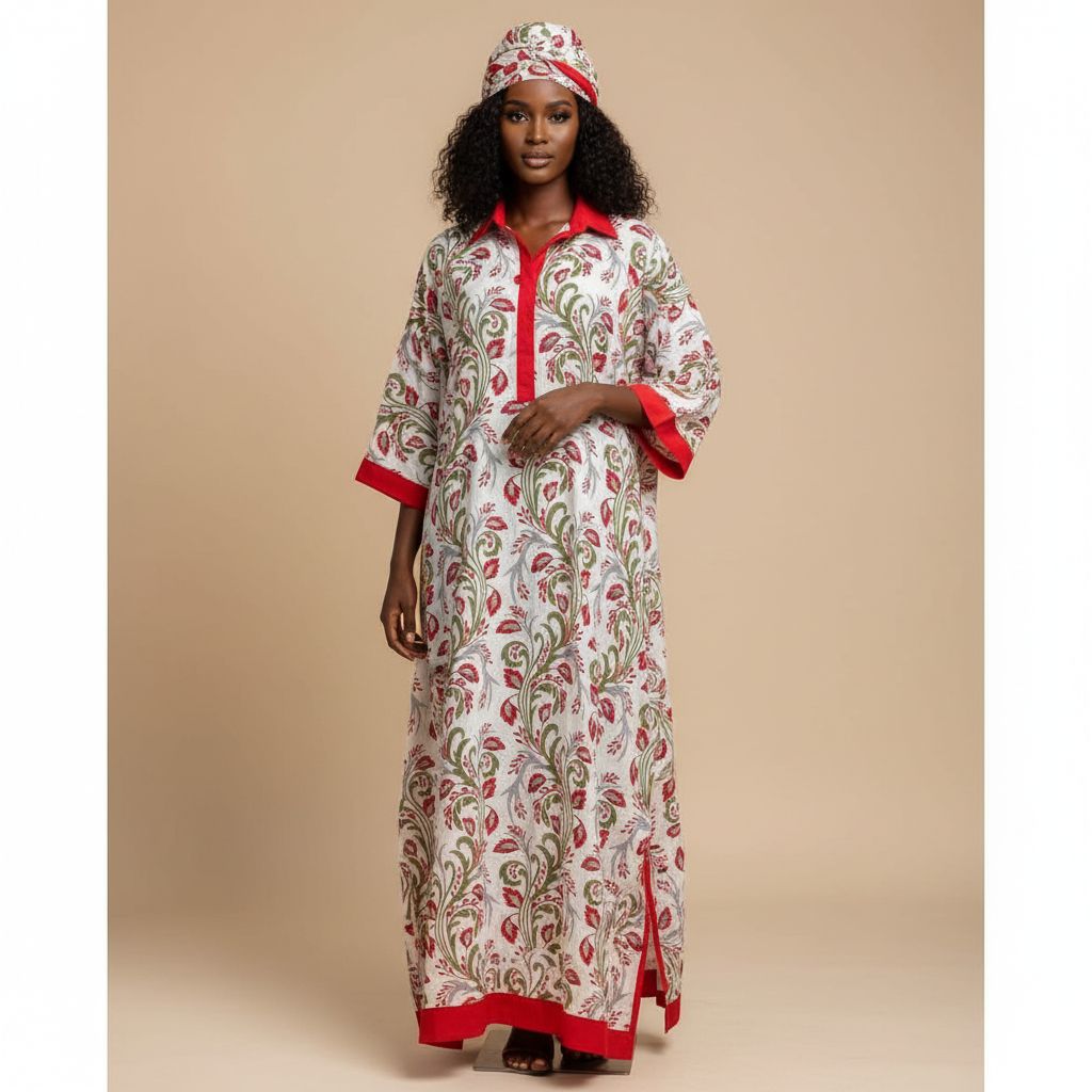 Tunique femme élégante coton motif floral rouge et blanc cassé XL XXL