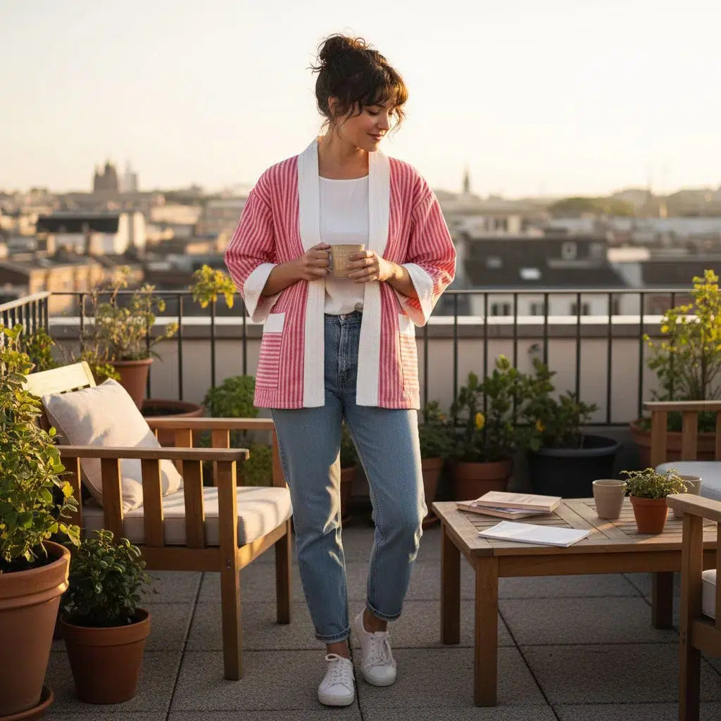 Kimono femme tissé main rose rouge – Veste kimono moderne chic, fait main unique