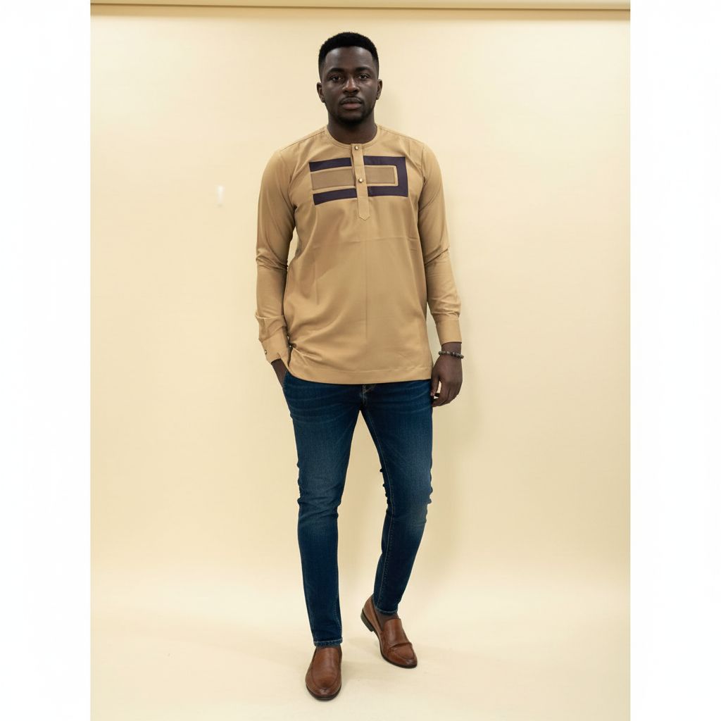 Chemise homme élégante beige et bleu, col rond, manches longues ajustée