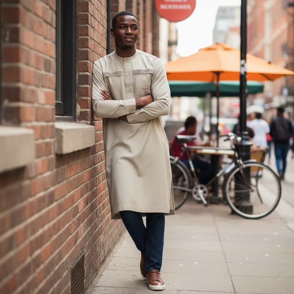 Vêtement homme beige élégant en coton, haut traditionnel col rond raffiné