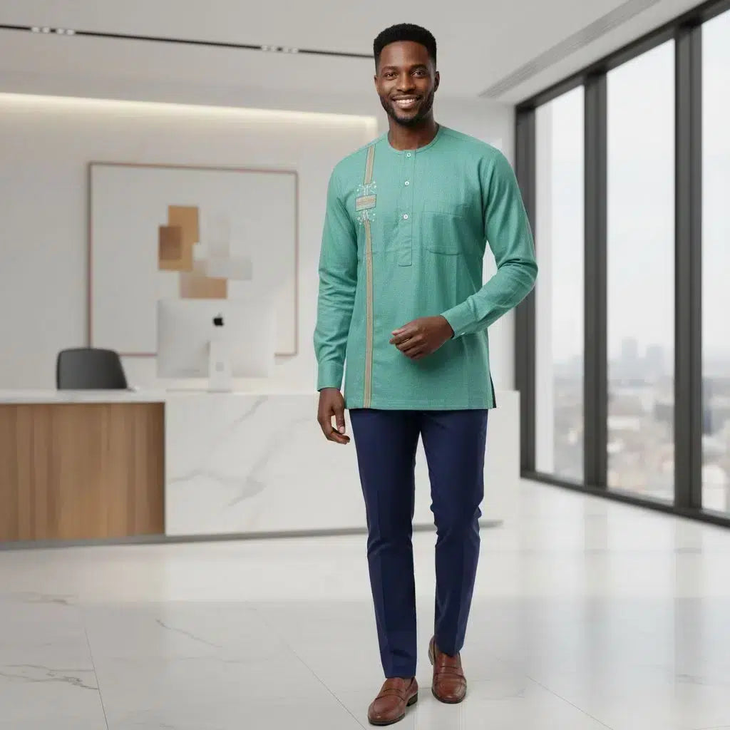 Chemise homme lin brodée, patchwork pagne, artisanale et élégante