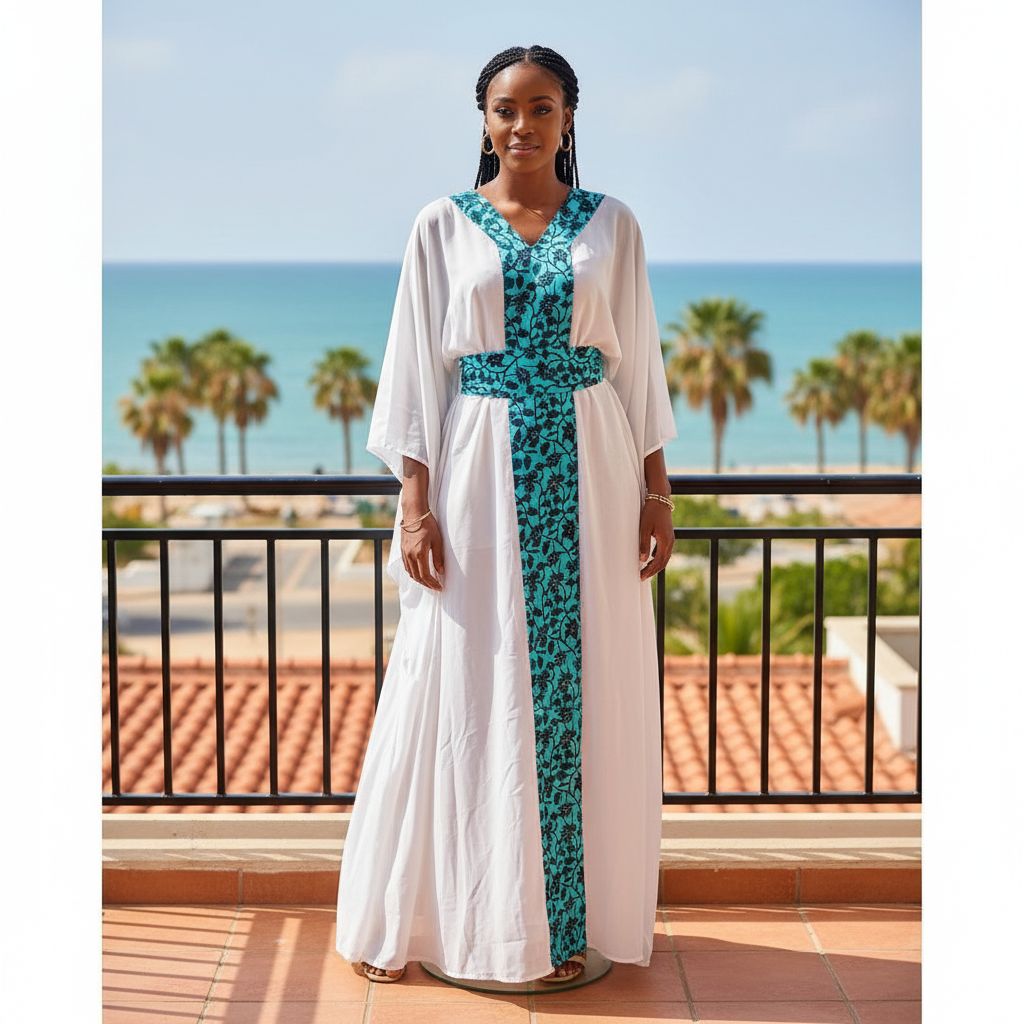 Tunique en crêpe femme blanche à motif wax turquoise, élégante et fluide