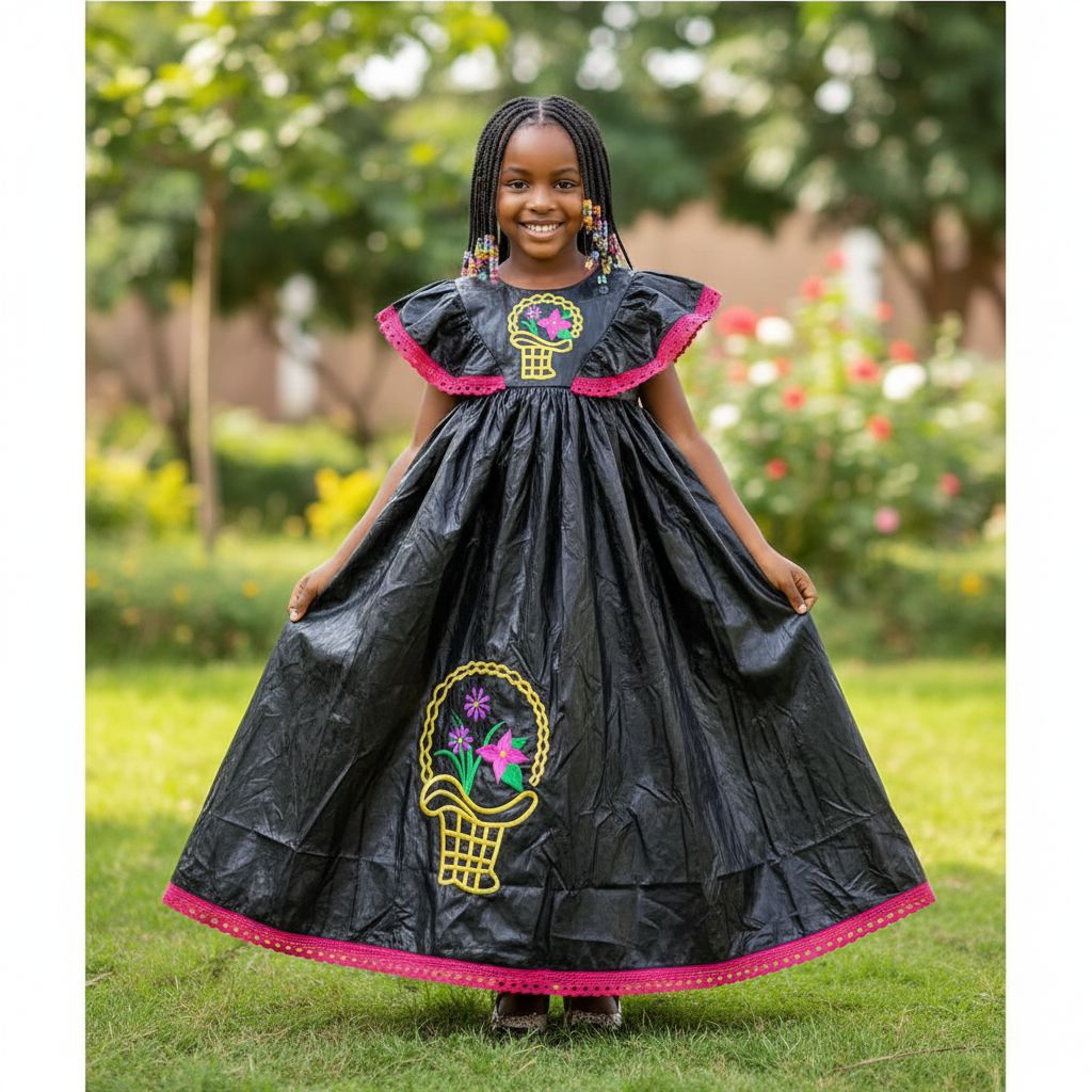 Robe fille cérémonie noire brodée coton bazin