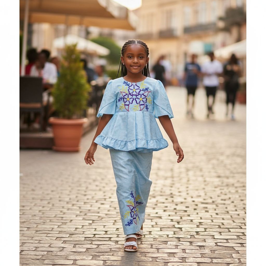 Ensemble cérémonie fille bleu bakha, jupe et haut floral élégant 8 ans