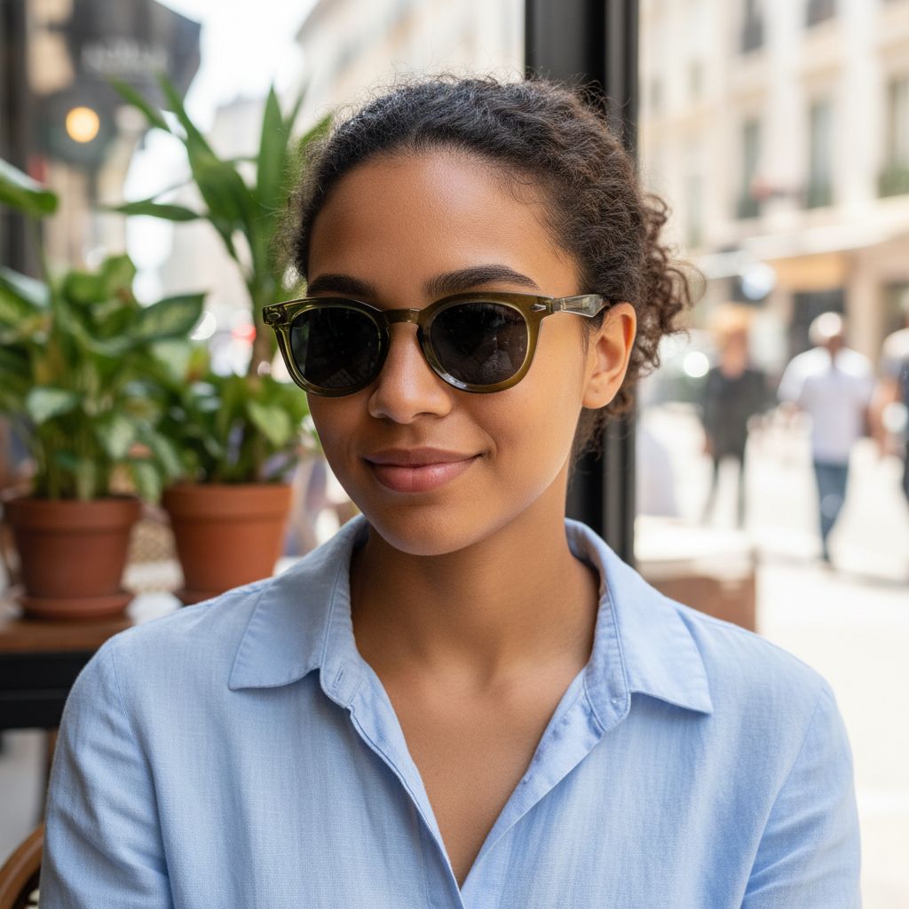 Lunettes de soleil femme élégantes rondes oversize monture olive transparente