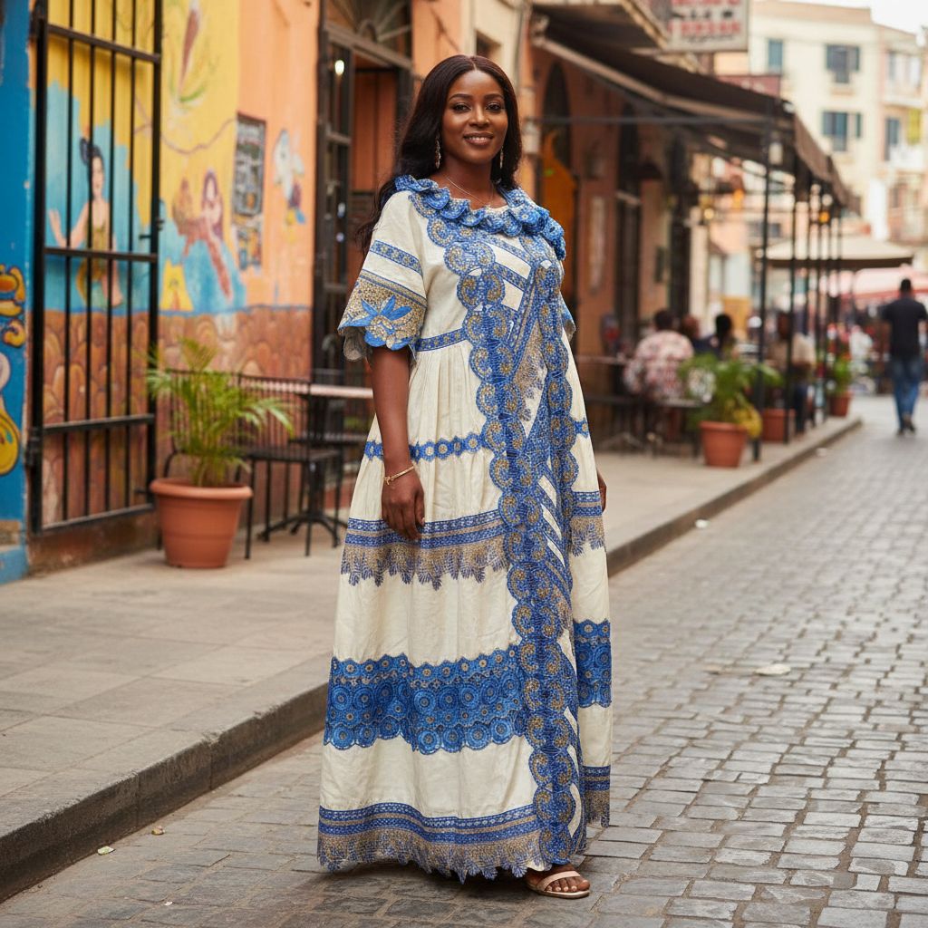 Robe bazin femme élégante brodée dorée, ample, cérémonie africaine