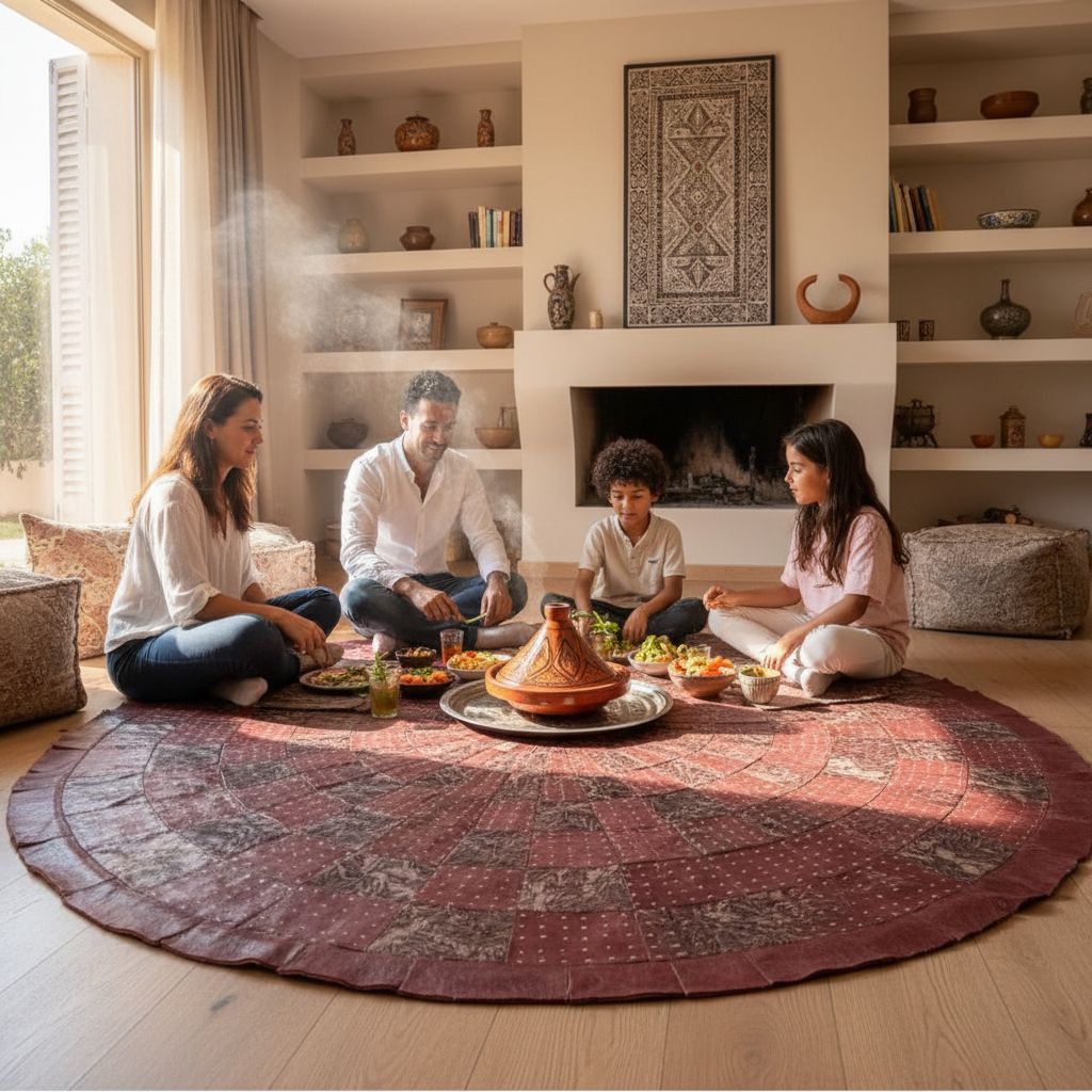 TAPIS BERBERE EN CUIR ARTISANAL AUBURN AVEC 4 POUFS