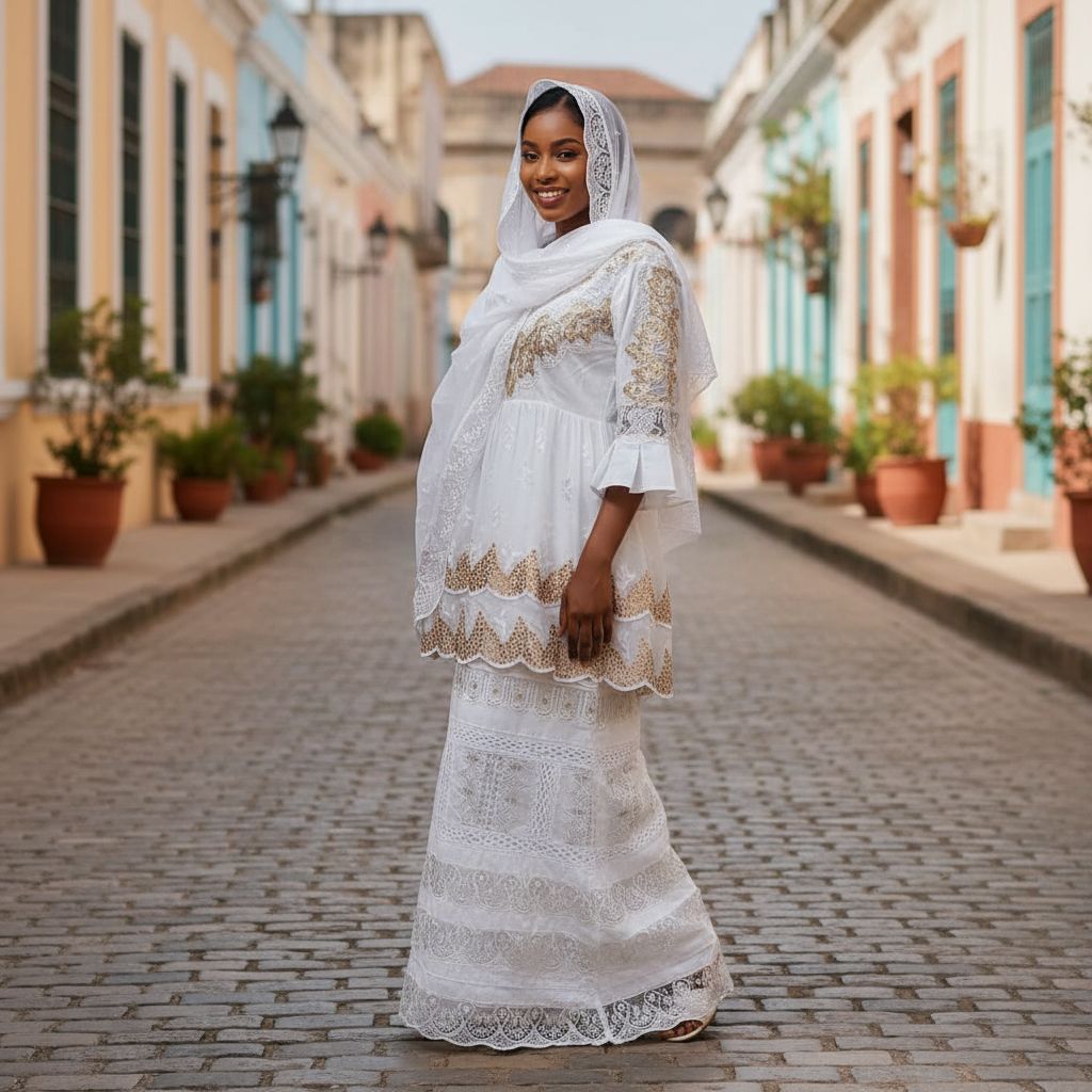 Ensemble marinière pagne femme chic Geztner et voile suisse, broderie dorée