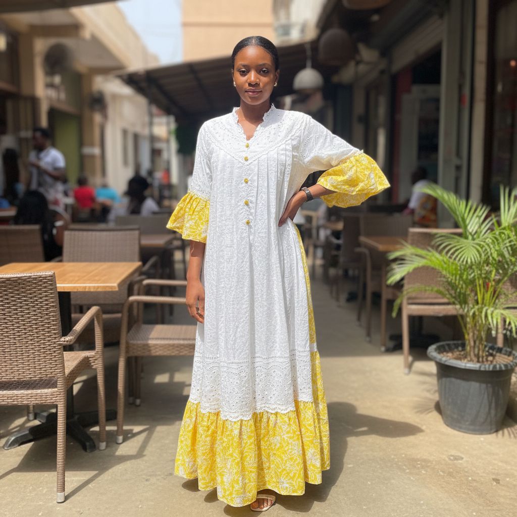 Robe brodée coton femme jaune blanc, longue bohème chic manches bouffantes