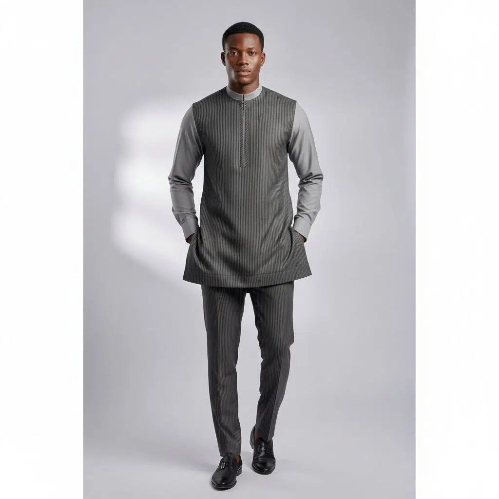 Ensemble homme gris rayé élégant, costume tunique pantalon col mao moderne