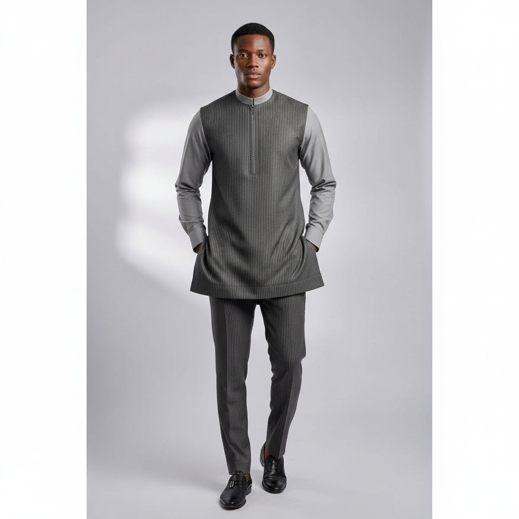 Ensemble homme gris rayé élégant, costume tunique pantalon col mao moderne