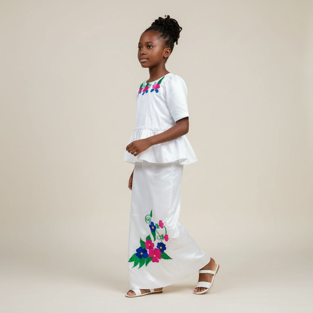 Ensemble cérémonie fille 9 ans blanc, jupe et haut floral chic élégant