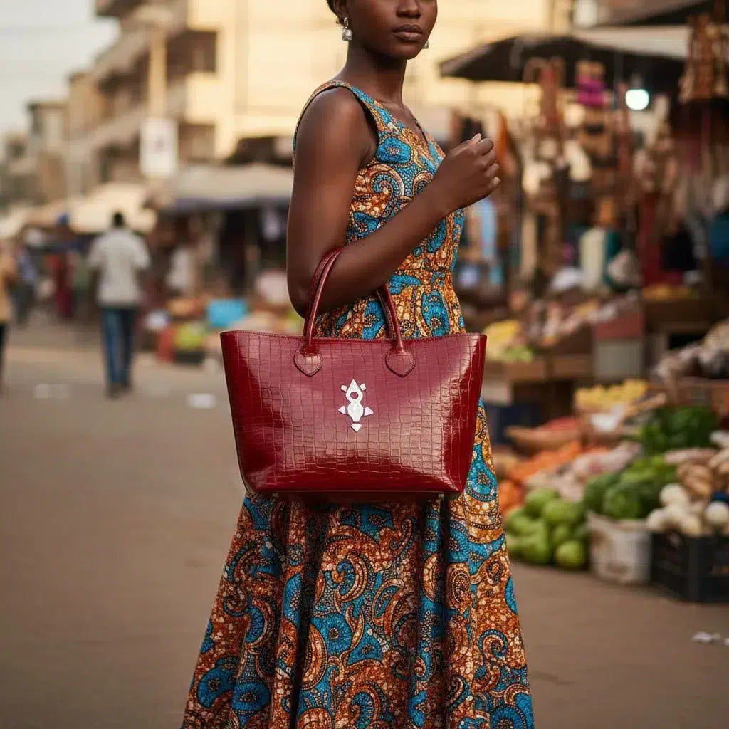 Sac à main cuir femme rouge tanné, fait main, croix Agadez argent