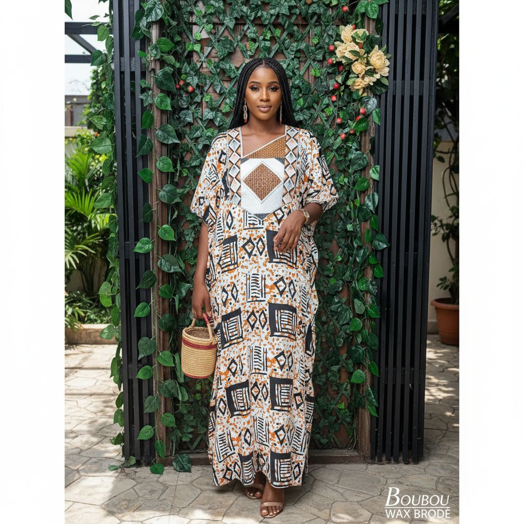 Boubou long en wax brodé femme multicolore en coton