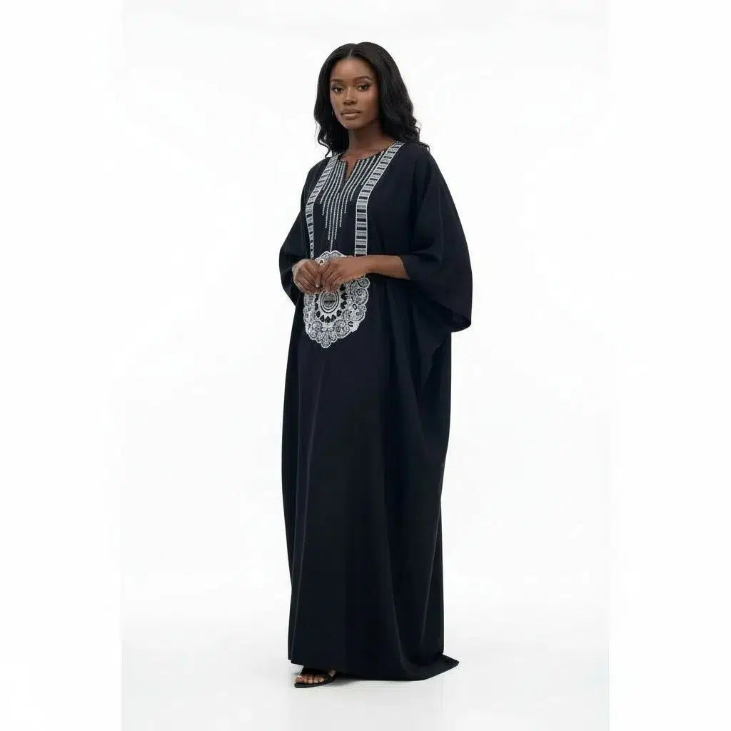 Tunique noire brodée femme en coton, élégance ethnique chic grande taille