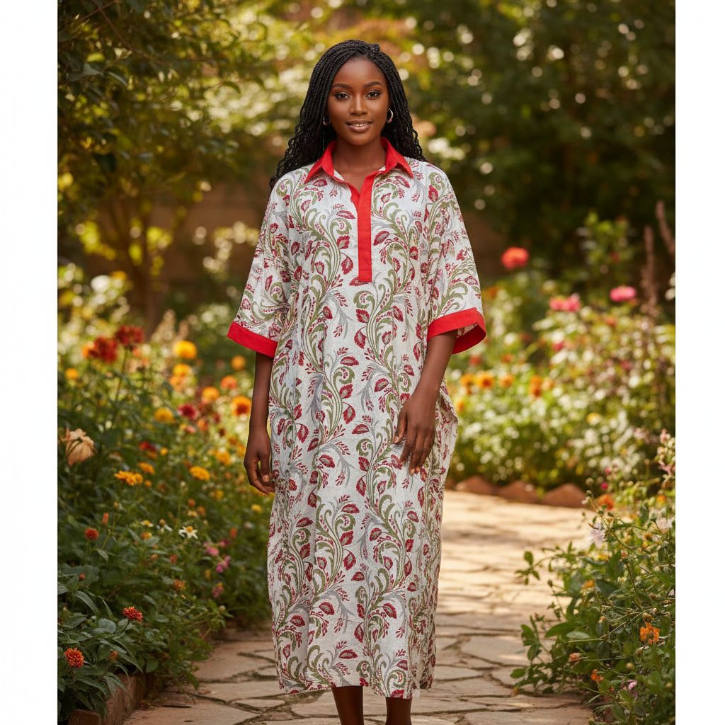 Tunique femme élégante coton motif floral rouge et blanc cassé XL XXL