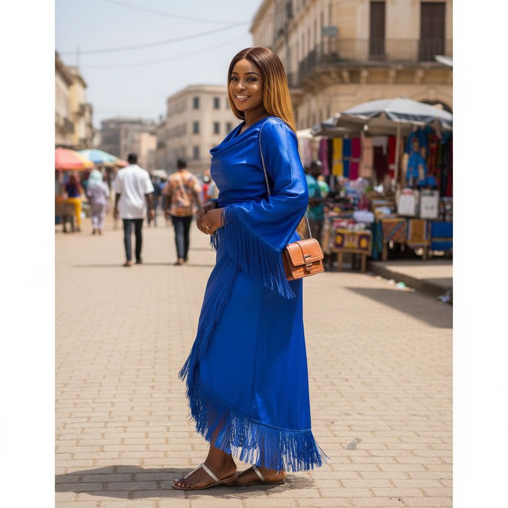 Robe femme soie bleu électrique élégante, manches longues et franges chic