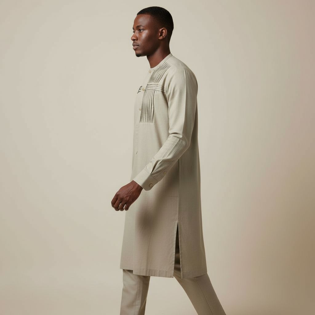 Vêtement homme beige élégant en coton, haut traditionnel col rond raffiné