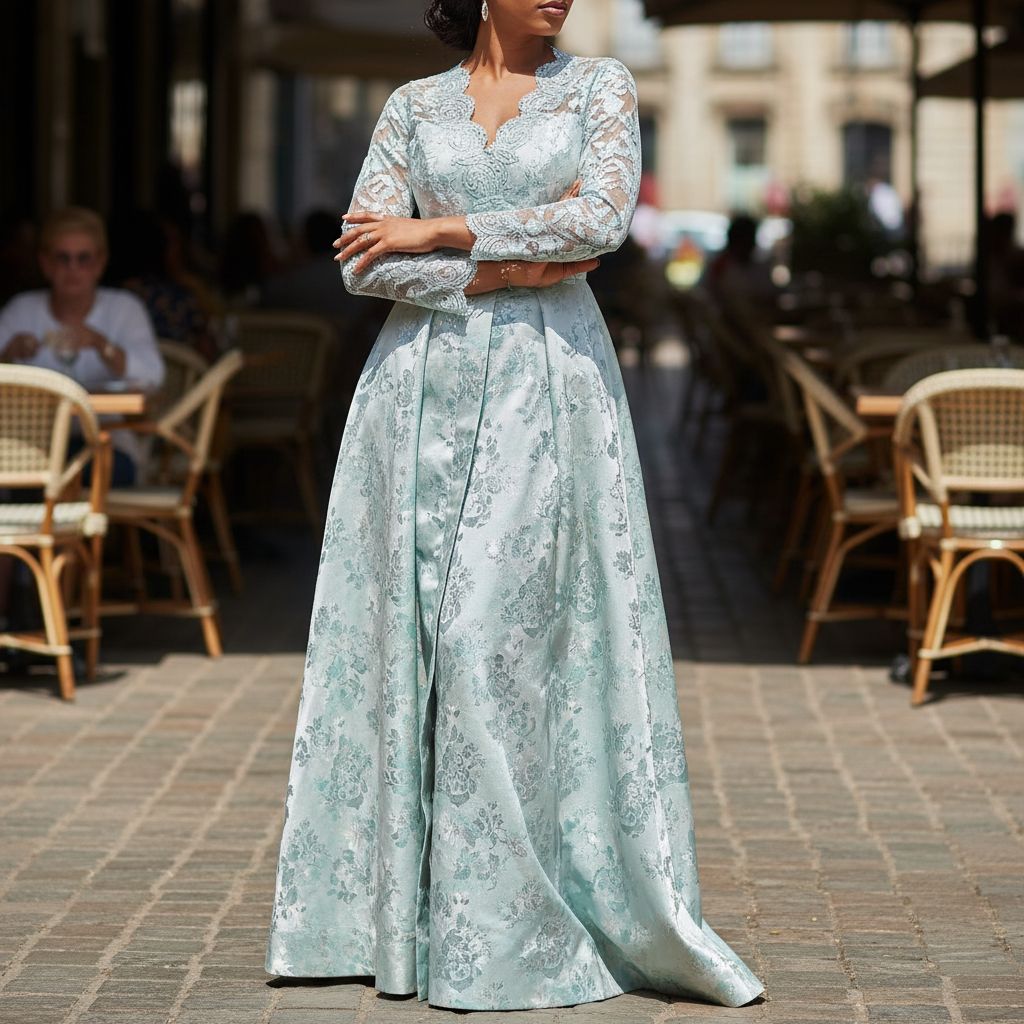 Robe femme brocart dentelle élégante, longue, idéale cérémonie ou soirée