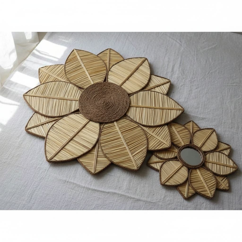 Lot de 3 Décorations Murales en Fibres Naturelles Forme Fleur