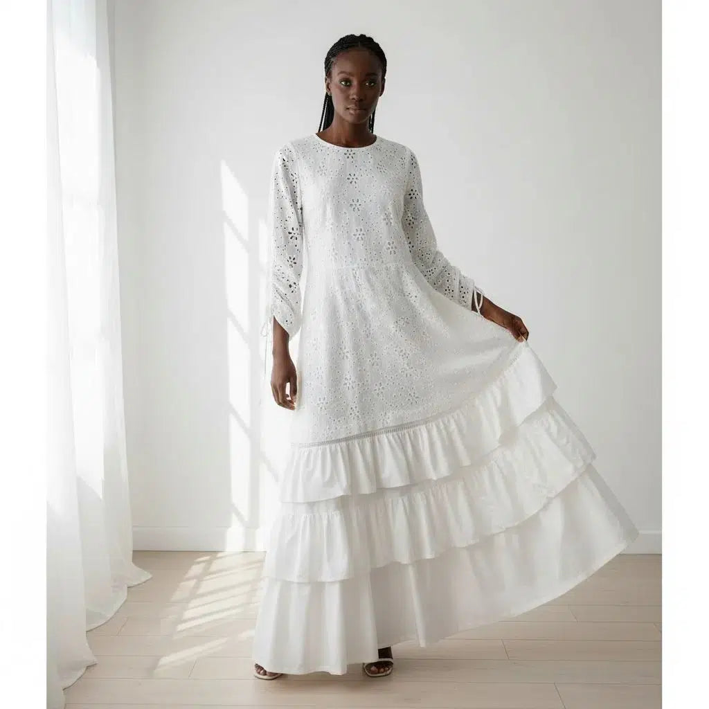 Robe brodée femme, élégante bohème chic, coton manches longues