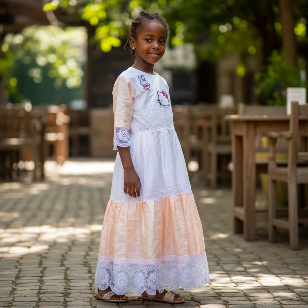 Robe petite fille cérémonie satin dentelle, motif chat et lapin pastel chic