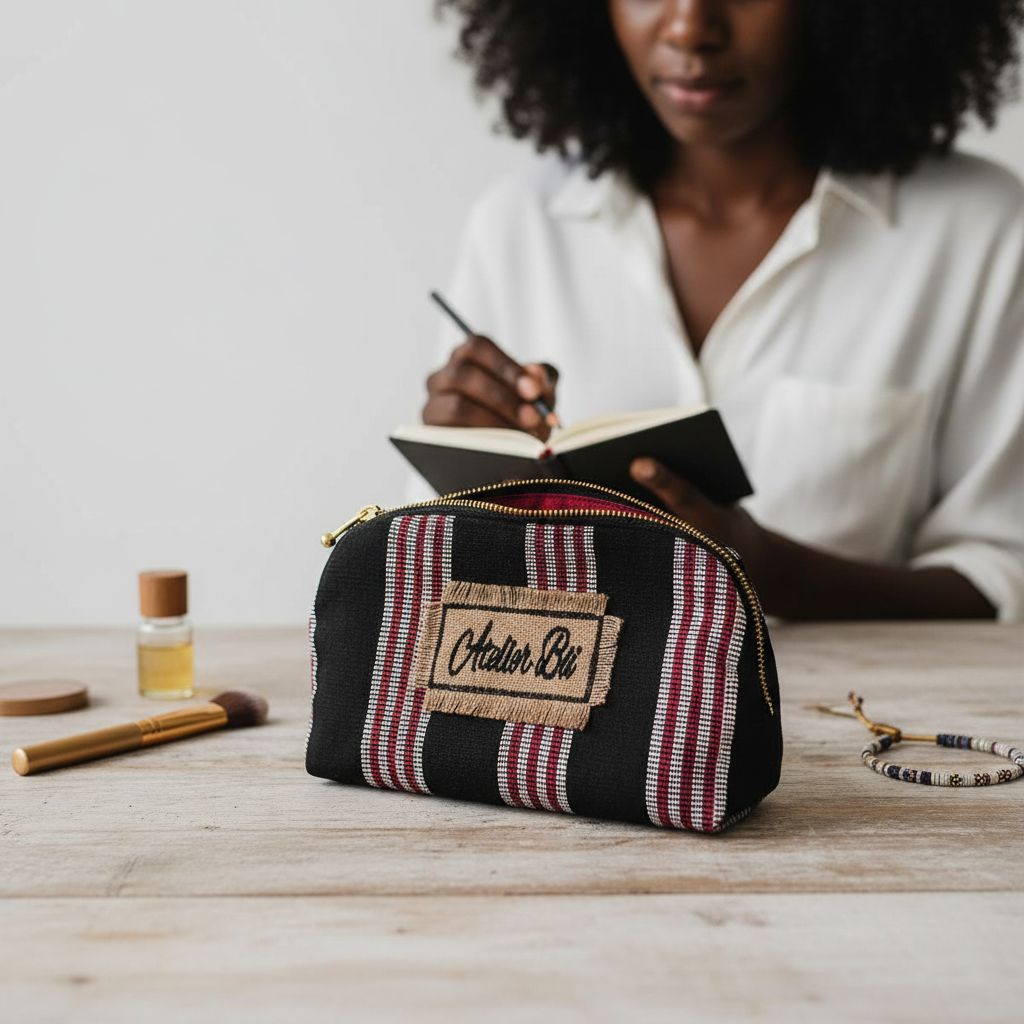 Trousse rayée artisanale en tissu chic noir rouge blanc – Élégance et originalité